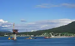 View of the village in 2014 when the Tresfjord Bridge was under construction