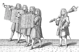 Black-and-white sketch of four men blowing trumpets and one carrying a mace over his shoulder