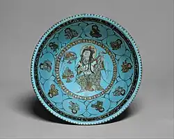 Turquoise Bowl with Lute Player and Audience. Late 12th–early 13th century. Iran. Stonepaste; glazed. H. 8.9 cm, D. 19.7 cm.