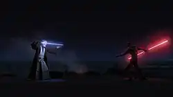 A screenshot depicting Obi-Wan Kenobi and Maul seperated by a smoldering fire with lightsabers ignited, facing off at nighttime in the desert.