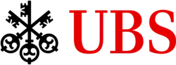 Three black keys together on the left of red letters 'UBS'.