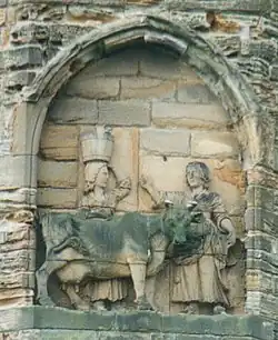 A legend claims that monks carrying the body of Saint Cuthbert were led by a milk maid who had lost her dun cow. They built Durham Cathedral where it was found.[166]