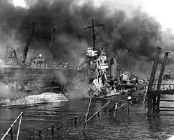 Wreckage of bombed YFD-2 and Shaw at Pearl Harbor