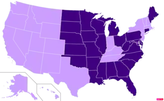 States in the United States by Mainline or Black Protestant population according to the Pew Research Center 2014 Religious Landscape Survey.[248] States with Mainline or Black Protestant population greater than the United States as a whole are in full purple.