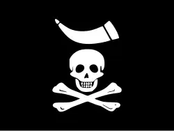 Interpretation of a flag Commodore Roggewein described in 1721 as "a black flag, with a Death's head in the centre, a powder horn over it and two bones underneath".[25]