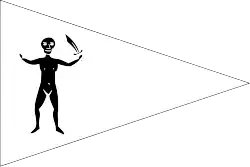 Flag of an unknown pirate crew, described as “a white Pendant at the Topmast-Head, with a naked Man and a Sword in his Hand”[60] and "a white Streamer in the Top-mast, with a naked Man brandishing a Sword".[61]