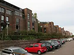 A row of red brick buildings on the "new side" of Katajanokka.