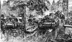 A pencil drawing of road intersection and three tanks; one tank fires, through a partially destroyed building, at another. The barrel of an anti-tank gun can be seen in the bottom right corner of the drawing.