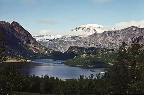 Scene from the Valdresflya landscape in Vågå Municipality towards Leirungen. Besshøe (2258m) in the background.