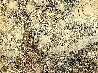 A drawing of a landscape in which the starry night sky takes up two-thirds of the picture. In the left foreground a cypress tree extends from the bottom to the top of the picture. To the left, village houses and a church with a tall steeple are clustered at the foot of a mountain range. In the upper right is a crescent moon surrounded by a halo of light. There are many bright stars large and small, each surrounded by swirling halos. Across the centre of the sky the Milky Way is represented as a double swirling vortex