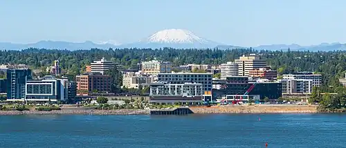 Skyline of Vancouver with Mount St. Helens in the background