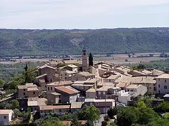 The church and surrounding buildings in Villeneuve