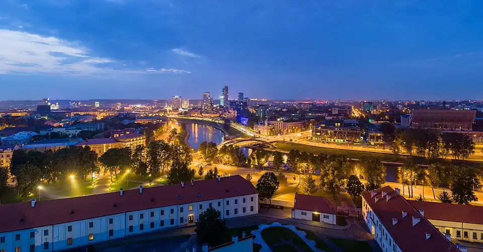 Aerial view of the skyline and a bridge