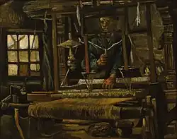 Van Gogh's 1884 painting "Weaver, Seen from the Front", with the mill visible through the window