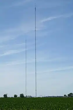 The 411.8-meter (1,351.0&nbsp;ft) tall WBUI tower (left tower) near Argenta, Illinois, 2007.[9]