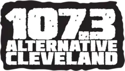 3 lines of text on a black backdrop with "107.3" on the top, "Alternative" in the middle and "Cleveland" on the bottom, all in a customized stamp-like font.