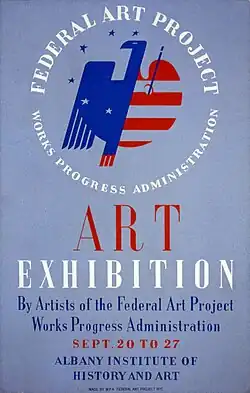 A blue poster dominated by a logo, half of which is a blue eagle and the other half a red-and-white-striped heart. Around it in a circle are the words "Federal Art Project" and, below, in smaller type, "Works Progress Administration". The rest of the text says "Art Exhibition by Artists of the Federal Art Project Works Progress Administration, Sept. 20 to 27, Albany Institute of History and Art".