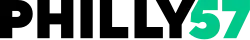 Black bold letters "PHILLY" next to, and with the Y overlapping, a green numeral 57.