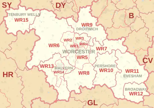 WR postcode area map, showing postcode districts, post towns and neighbouring postcode areas.