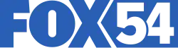 The Fox network logo in blue, next to a strip fitting into the right-side notch of the X with the numeral 54, the 5 slightly overlapping the 4 with a border.