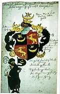 Coat of arms of John Freigraf of "Lesser Egypt" (i.e. Romani/gypsy),[48] 18th-century drawing of a 1498 coat of arms in Pforzheim church.