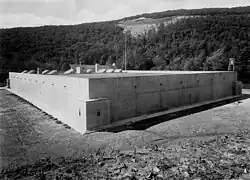 The West Point bullion depository in black and white.