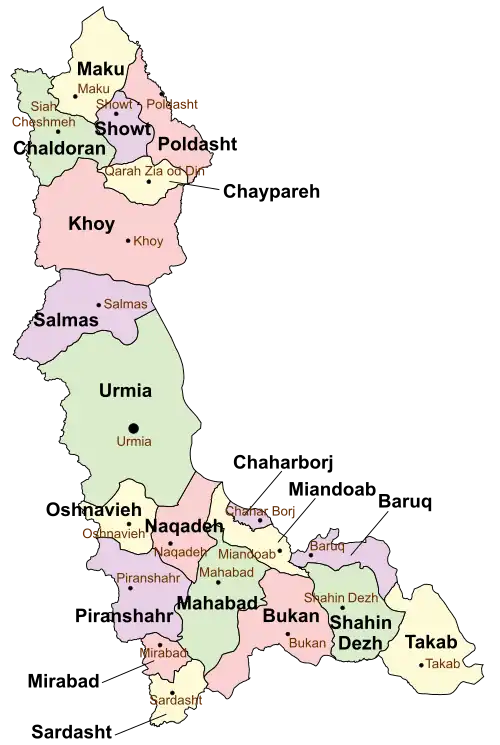 Location of Miandoab County in&nbsp;West&nbsp;Azerbaijan&nbsp;province (lower&nbsp;center,&nbsp;yellow)
