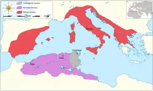a map of the western Mediterranean with the territories of Numidia, Carthage and Rome shown