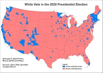 White vote in the 2020 presidential election by county