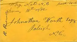 Postmark from a Confederate soldier living in "Why Not". (note the original spelling of the community) The postmark is dated December 16, 1862.