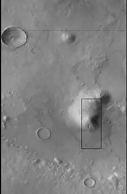 CTX image of the next image showing a wide view of the area. Since the hill is isolated it would be difficult for an aquifer to develop. Rectangle shows the approximate location of the next image.
