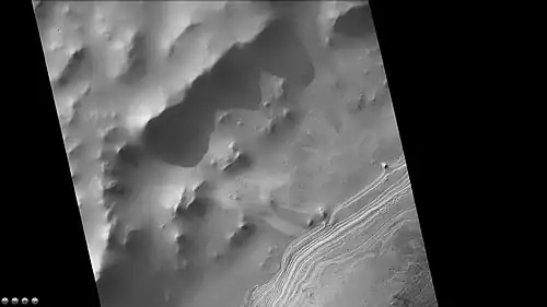 Layers in mound in western side of South crater, as seen by CTX camera. Note: this is an enlargement of a previous image of west side of South crater.