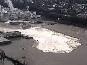 An aerial view of the Willamette Falls with the river near flood stage, taken on January 22, 2006