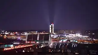 The Wilson Bridge open for the passing of a vessel, as seen from Alexandria, Virginia