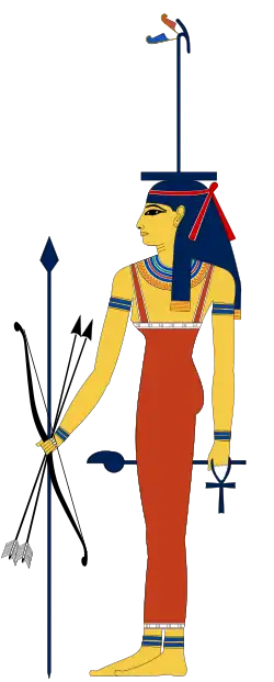 Image of Wosret with a spear, harpoon, bow and arrows and a Was-sceptre on her head.