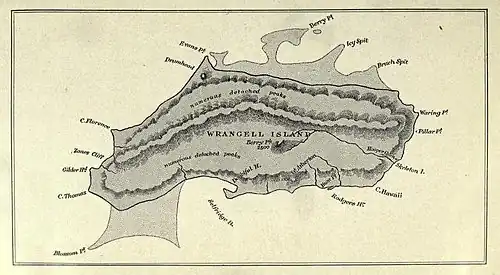 Hand-drawn map from which the island's fish-like shape is evident. Interior geographical features (mountains, rivers) are marked, together will all the named capes and deadlands around the shores.