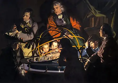 A Philosopher Lecturing on the Orrery; by Joseph Wright of Derby; c.1766; oil on canvas; 1.47 x 2.03 m; Derby Museum and Art Gallery, Derby, England[24]