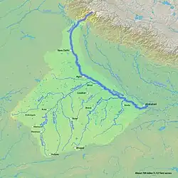 The Yamuna is the second-largest tributary river of the Ganges and the longest tributary in India. It flows almost parallel to the Ganges about its right bank for 1,376 kilometres (855&nbsp;mi) before merging with it at the Triveni Sangam, Allahabad.