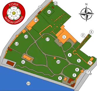 Diagram of the grounds inside the gate, showing the location of St. Mary's Abbey, Multiangular Tower, Hospitalium, Observatory, Roman Wall, Lodge, City Wall, and Toilet. The River Ouse is at the bottom. Other buildings are on the periphery, such as St Olave's Church.