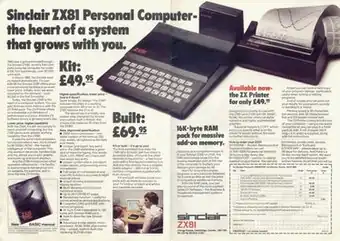 A two-page advertising spread showing the ZX81 with a 16&nbsp;KB RAM pack and ZX Printer attached, next to the headline "Sinclair ZX81 Personal Computer – the heart of a system that grows with you"