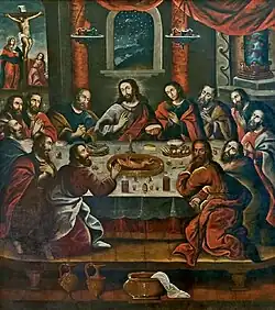 The Last Supper, 1753, by Marcos Zapata, in the Cuzco Cathedral. The festive animal to be consumed is a guinea pig.