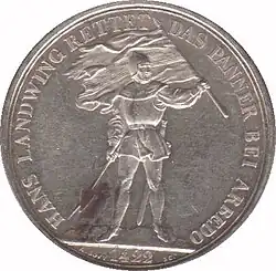 The shooting thaler of the 1867 federal Schützenfest depicts Hans Landwing saving the cantonal banner