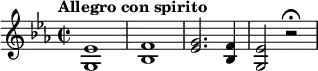 \relative a' {
\key ees \major
\time 2/2
\tempo "Allegro con spirito"
\tempo 4 = 300
<g, ees'>1
<bes f'>
<g' ees>2. <f bes,>4
<g, ees'>2 r\fermata
}
