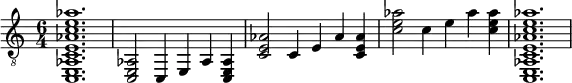  {
\clef "treble_8"
\time 6/4
< c, e, aes, c e aes c' e' aes' >1.
||
< c, e, aes, >2
<c,>4
<e,>4
<aes, >4
< c, e, aes, >4
||
< c e aes >2
<c >4
<e >4
<aes >4
< c e aes >4
||
<c' e' aes' >2
<c' >4
<e' >4
<aes' >4
< c' e' aes' >4
||
<c, e, aes, c e aes c' e' aes'>1.
}
