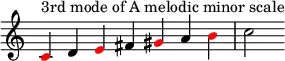 {
\override Score.TimeSignature #'stencil = ##f
\relative c' {
\clef treble \time 7/4 \key a \minor
\once \override NoteHead.color = #red c4^\markup { "3rd mode of A melodic minor scale" } d \once \override NoteHead.color = #red e fis \once \override NoteHead.color = #red gis a \once \override NoteHead.color = #red b c2 }
}