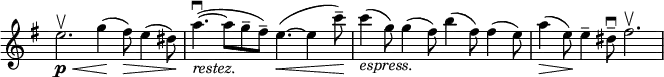 
\relative c' \new Staff \with { \remove "Time_signature_engraver" } {
 \set Staff.midiInstrument = "violin"
 \key e \minor \time 12/8
  e'2.\p \upbow \< g4\!( fis8\>) e4( dis8\!) a'4.~\downbow _\markup \italic restez. ( a8 g-- fis--) e4.~\< ( e4 c'8--\!)
  c4_\markup \italic espress. ( g8) g4( fis8) b4( fis8) fis4( e8) a4\>( e8\!) e4-- dis8--\downbow fis2.\upbow
}
