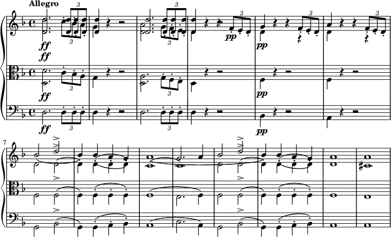 
    { \new PianoStaff <<
        \new Staff <<
  \set Staff.midiInstrument = #"violin"
  \tempo "Allegro"
  \tempo 4 = 140
  \key d \minor
  \time 4/4
  \new Voice \relative c' {
    \stemUp
    <d d'>2. _\ff \times 2/3 {q8-. q-. q-.}
    q4 r r2 q2. \times 2/3 {q8-. q-. q-.}
    q4 r r \times 2/3 {f8-. _\pp e-. d-.}
    g4 r r \times 2/3 {f8-. e-. d-.}
    a'4 r r \times 2/3 {f8-. e-. d-.}
    bes'2 ( d^>
    bes4) bes-.( a-. g-.)
    a1(
    g2. a4
    bes2 ( d^>
    bes4) bes-.( a-. g-.)
    a1
    a
  }
  \new Voice \relative c' {
    \stemDown
    <d d'>2. _\ff \times 2/3 {c'8-. bes-. a-.}
    g4 r r2
    <d a'>2. \times 2/3 {g8-. f-. e-.}
    d4 r r2
    d4 _\pp r r r
    d r r r
    d2 d^>(
    d4) d-.( d-. d-.)
    c1(
    c)
    d2 d^>(
    d4) d-.( d-. d-.)
    d1
    cis
  }
>>
        \new Staff <<
  \set Staff.midiInstrument = #"viola"
  \tempo "Allegro"
  \tempo 4 = 140
  \clef alto
  \key d \minor
  \time 4/4
  \new Voice \relative c {
    \stemDown
    <d d'>2. _\ff \times 2/3 {c'8-. bes-. a-.}
    g4 r r2
    <d a'>2. \times 2/3 {g8-. f-. e-.}
    d4 r r2
    f4 _\pp r r2
    f4 r r2
    f2 f^>(
    f4) f-.( f-. f-.)
    f1(
    e2. f4)
    f2 f^>(
    f4) f-.( f-. f-.)
    f1
    e
  }
>>
        \new Staff <<
  \set Staff.midiInstrument = #"cello"
  \tempo "Allegro"
  \tempo 4 = 140
  \clef bass
  \key d \minor
  \time 4/4
  \new Voice \relative c {
    \stemDown
    d2. _\ff \times 2/3 {d8-. d-. d-.}
    d4 r r2
    d2. \times 2/3 {d8-. d-. d-.}
    d4 r r2
    bes4 _\pp r r2
    a4 r r2
    g2 bes^>(
    g4) g-.( a-. bes-.)
    a1(
    c2. a4)
    g2 bes^>(
    g4) g-.( a-. bes-.)
    a1
    a
  }
>>
>>
}
