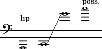 {
\new Staff \with { \remove "Time_signature_engraver" }
\clef bass \key c \major \cadenzaOn
\tweak font-size #-2 a,,1 ^ "lip"
c,1 \glissando g'1 \tweak font-size #-2 c''1 ^ "poss."
}