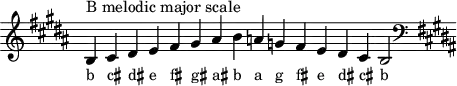 
\header { tagline = ##f }
scale = \relative b { \key b \major \omit Score.TimeSignature
  b^"B melodic major scale" cis dis e fis gis ais b a g fis e dis cis b2 \clef F \key b \major }
\score { { << \cadenzaOn \scale \context NoteNames \scale >> } \layout { } \midi { } }
