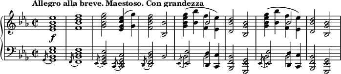 {\new PianoStaff << \new Staff << \new voice \relative c' {
\tempo "Allegro alla breve. Maestoso. Con grandezza"
\set Score.tempoHideNote = ##t \tempo 2 = 66
\clef treble
\bar ""
\key es \major
\time 2/2
\slashedGrace s8 <es g bes es>1\f
<f bes d f>
<g bes es g>2 <es g c es>4( <g g'>)
<f bes d f>2 <bes, bes'>
\stemDown <g' bes es g>4( <bes bes'> <f f'> <es es'>)
\stemNeutral <d bes' d>2 <bes g' bes>
\stemDown <g' bes es g>4( <bes bes'> <f f'> <es es'>)
\stemNeutral <d bes' d>2 <bes g' bes>
}
\new voice \relative c'' {
s1 s1 s1 s1
s2 \stemUp bes s1
s2 bes
}
>>
\new Staff << \new voice \relative c {
\clef bass
\bar ""
\key es \major
\time 2/2
\slashedGrace g8~ <g bes es g>1
\slashedGrace f8~ <f bes d f>1
\slashedGrace es8~ <es g bes es>2 \slashedGrace c8~ <c es g c>2
\slashedGrace d8~ <d f bes d>2 bes'
\stemUp \slashedGrace es,8~ <es es'>2( <d d'>4 <c c'>
\stemNeutral <bes f' bes>2 <g es' g>
\stemUp \slashedGrace es'8~ <es es'>2( <d d'>4 <c c'>
\stemNeutral <bes f' bes>2 <g es' g>
}
\new voice \relative c {
s1 s1 s1 s1
\stemDown bes2 bes s1
bes2 bes
}
>>
>> }